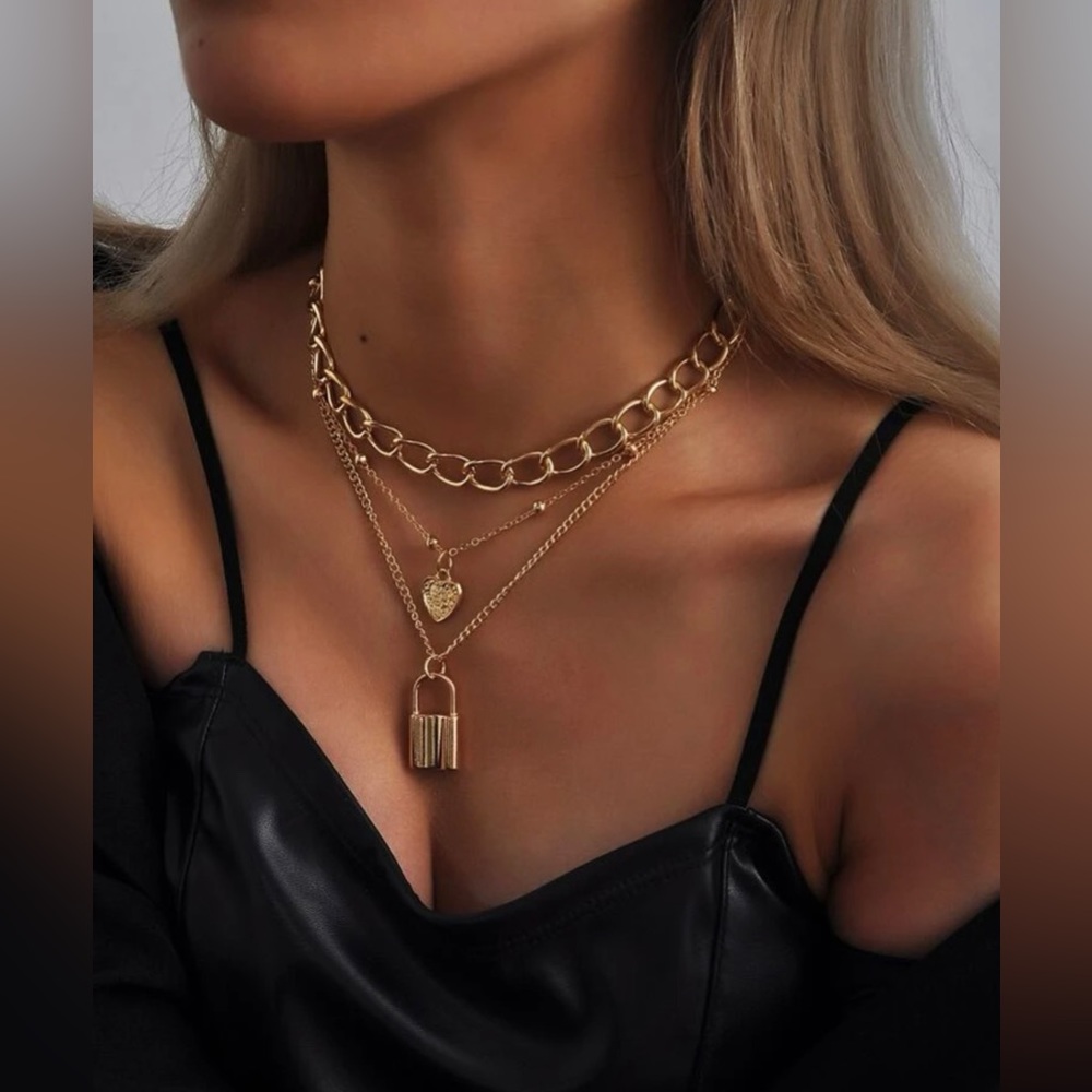 Heart and Lock Charm Layered Necklace